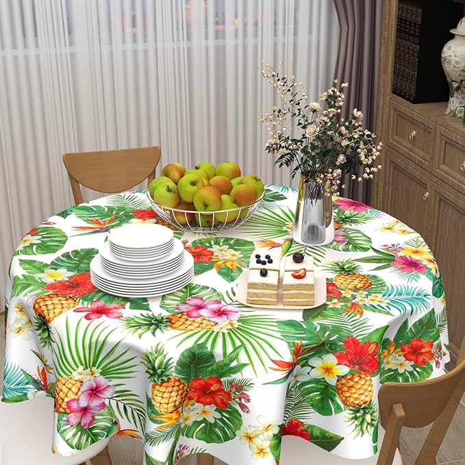 Summer Tropical Pineapple Round Tablecloth 60 Inch Green Hawaiian Palm Leaf Circle Table Cloth Floral Table Cover Washable Polyester Decorations for Kitchen Dinning Room Party
