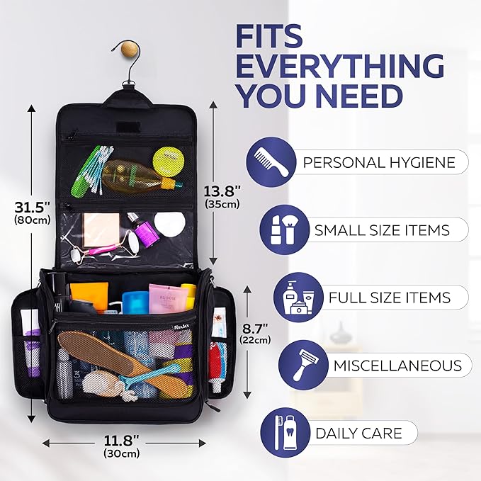 Extra Large (11.8”x11.8”x4”) Hanging Travel Toiletry Bag for Men and Women - Cosmetic Travel Bag With Shoulder Strap - Waterproof Hygiene Bag with Metal Swivel Hook and 19 Compartments for Toiletries