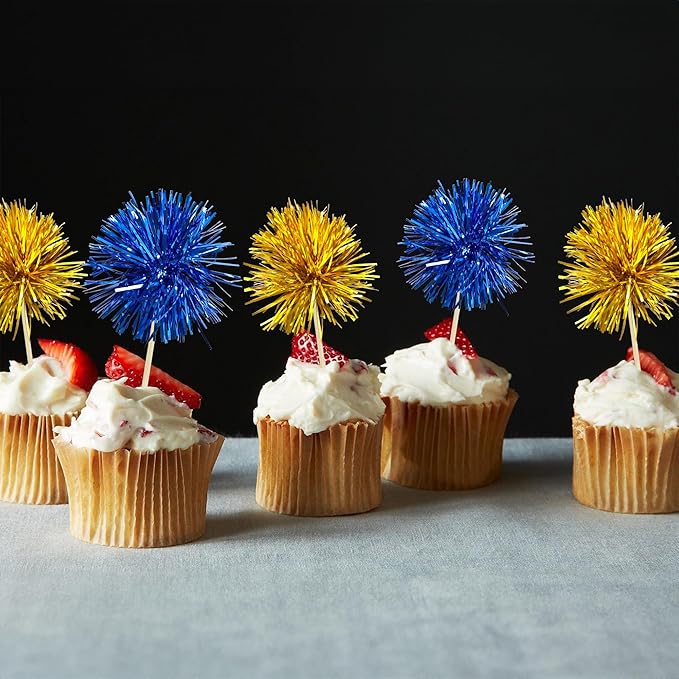 Gyufise 30Pcs Foil Firework Cupcake Toppers Sparkle Tinsel Cake Toppers Tinsel Drink Cake Decoration Cocktail Picks for Birthday Wedding Graduation Party Supplies Gold Dark Blue