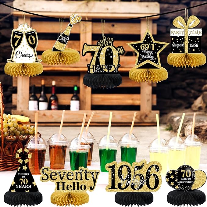 9Pcs 70th Birthday Decorations Honeycomb Centerpieces for Men Women, Black Gold Happy 70th Birthday Centerpieces Tables Toppers Party Decorations Supplies,Vintage 1955 Aged Birthday Table Sign Decor