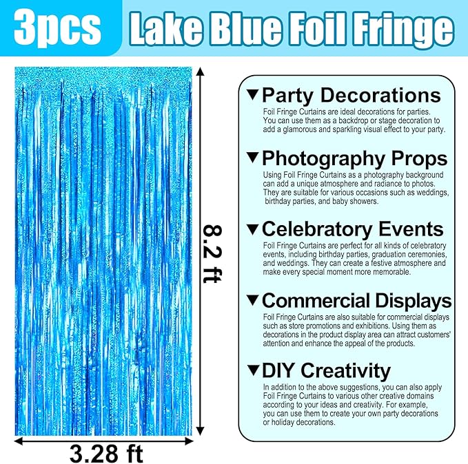 3 Pack Lake Blue Foil Fringe Curtain Backdrop, 3.28Ft x 8.2Ft Metallic Tinsel Foil Fringe Streamer Curtains for Photo Booth, Mother's Day, Easter, Birthday, Wedding Party Decorations