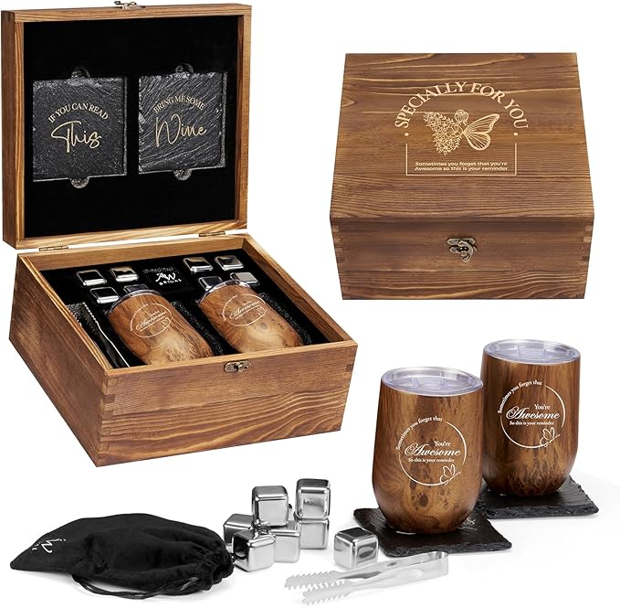 Wine Lovers Gifts for Women, Birthday Gifts for Mom Sister Friend Coworker Girlfriend Inspirational Gift Set, Wine Gift Box Set with Tumblers, Ice Cubes