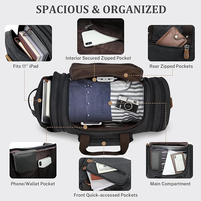 Gonex Canvas Duffle Bag 60L Travel Duffel Overnight Weekend Bag with Shoe Compartment (Dark Gray)