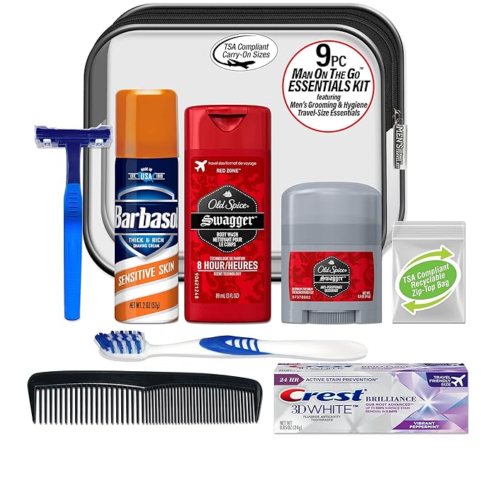 Convenience Kits International Men's Deluxe, 9-Piece Kit with Travel Size TSA Compliant Essentials , Featuring: Old Spice Products in Reuseable Toiletry Bag
