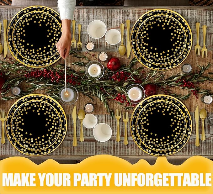 350PCS Black and Gold Paper Plates Party Supplies for 50 Guests Disposable Party Decorations Dinnerware Golden Dot Black Paper Plates Napkins Cups Gold Plastic Forks Knives Spoons for Parties
