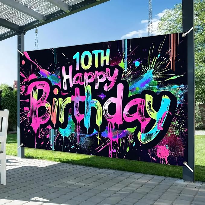 Neon 10th Happy Birthday Banner 71x43 Inch Paint Splatter Glow in The Dark Party Backdrop Colorful Wall Decor for Kids Boys Girls Tenth Birthday Celebrations Photo Booth Event Supplies