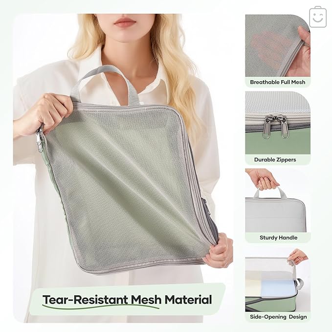 Veken 9/11 Set Compression Packing Cubes for Travel Essentials,Compressible Expandable Large Luggage Suitcase Organizer Bags for Clothing,Durable Space Saver Storage Bags(Matcha Green)