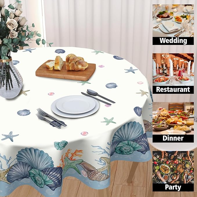 Summer Nautical Coastal Round Tablecloth 60 Inch Coral Shells Starfish Circle Table Cloth Blue Table Cover Washable Polyester Decorations for Kitchen Dinning Room Party