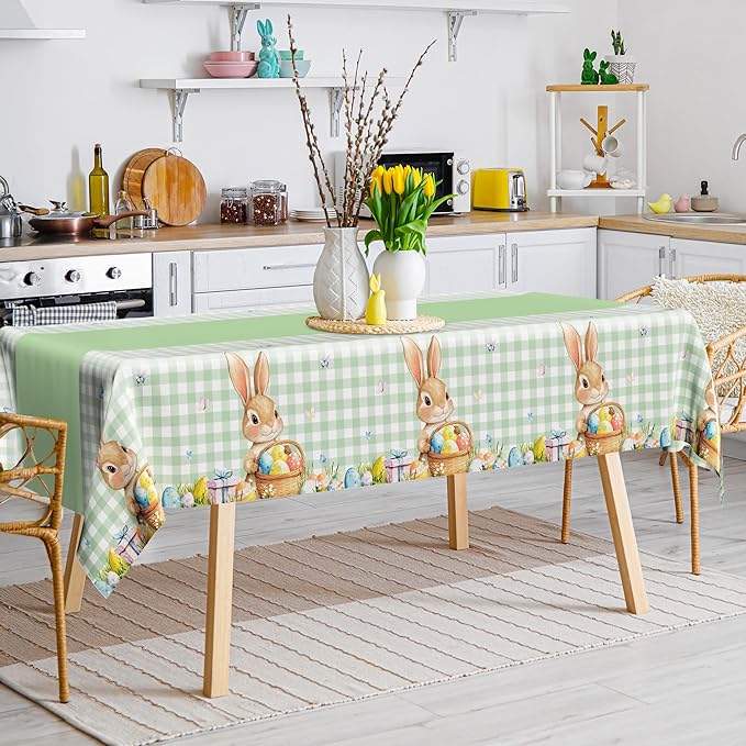 6 Pack Easter Tablecloth, 54" x 108" Disposable Easter Decorations Spring Tablecloth, Sage Green Bunny Plaid Easter Table Cloths, Rectangle Plastic Table Cover for Spring Party Decorations Supplies