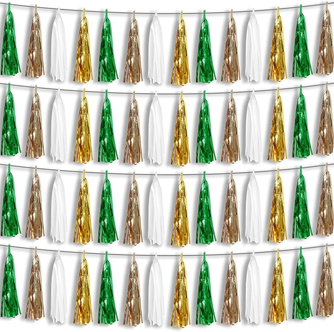 4P Sage-Green Beige-Mint Gold Foil Fringe Metallic Tassel Garland Banner, Tassels Banner Streamers for Parade Floats, Bachelorette, Wedding, Birthday, Christmas, Bridal/Baby Shower Party Decorations