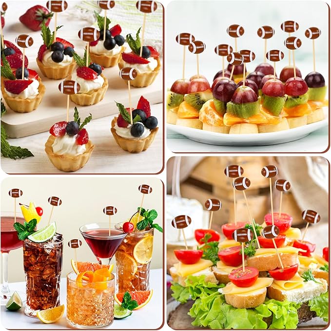 100 Pcs Football Toothpicks, 4.72 Inch Football Cocktail Picks for Appetizers, Long Bamboo Toothpicks, Decorative Toothpicks Skewers for Holiday Birthday Party Decorations (Football 3D)