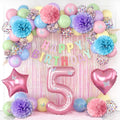 Pastel 5th Birthday Party Decorations for Girls Number 5 Balloon Happy Birthday Banner Butterfly Stickers Fringe Curtain Paper Pom Poms Macaron Pink Star Heart Foil Colorful Balloons 5 Year Old Decor