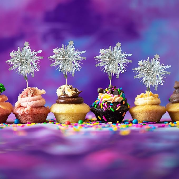 Gyufise 30Pcs Foil Firework Cupcake Toppers Sparkle Tinsel Star Cake Toppers Tinsel Drink Cake Decoration Cocktail Picks for Birthday Wedding Graduation Party Supplies Silver
