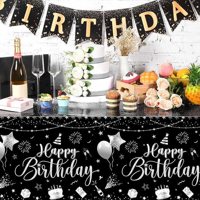 Tudomro 3 Pcs Happy Birthday Tablecloths Happy Birthday Party Decorations Plastic Table Cover Rectangular Cloths for Women Men Baby Shower Party Supplies, 108 x 54 Inch (Black Silver)