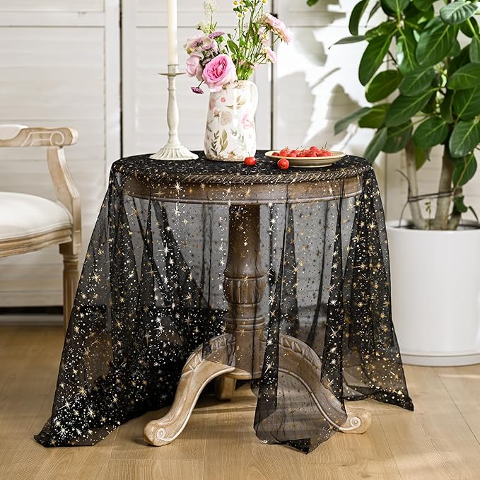 Horaldaily Black Gold Sparkling Star Gauze Tablecloth 60x84 Inch Rectangular, Golden Star Sequin Glitter Metallic Foil, Sheer Tulle Cheesecloth for Wedding Baby Shower Party
