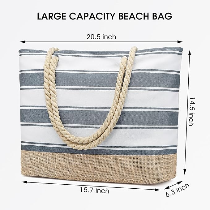 Becokan Beach Bags for Women Large Canvas Beach Tote Bag Beach Bags Waterproof Sandproof Swim Pool Bag Travel Essentials