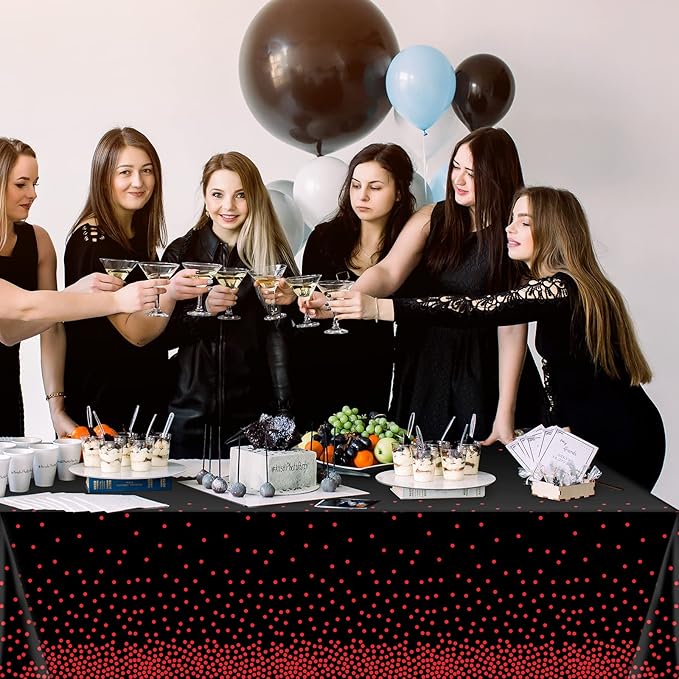1 Pack Red and Black Dot Plastic Tablecloth, Red Stamping Dot Confetti Rectangle Plastic Disposable Table Cover for Birthday Wedding Baby Shower Engagement Anniversary Party Decorations, 54 x 108 Inch