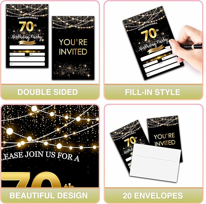 70th Birthday Invitations with Envelopes - Black Gold Glitter Fill-in Invites Cards - Surprise Birthday Party Invitation Card for Him/Her - Adults Birthday Party Favors Supplies Decorations (20 Pack)