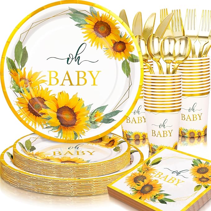168Pcs Sunflower Baby Shower Decorations for Girl, Baby Shower Plates and Cups and Napkins Sets, Sunflower Plates Serve 24, Baby In Bloom Yellow Oh Baby Party, Easter Spring Summer Fall Party