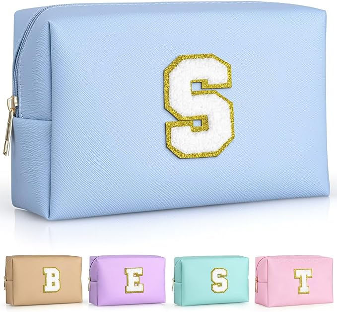 TOPEAST Sky Blue Makeup Bag - Preppy Stuff, PU Leather Waterproof Cute Small Makeup Pouch Cosmetic Bag Preppy Stuff for Girls 10-12 Teen Girls Gifts (Sky Blue S)