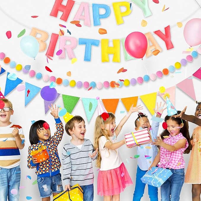 CANREVEL Pre-Strung 3D Happy Birthday Banner, 3 PCS Happy Birthday Felt Garland, Pom Pom Garland, Triangle Fabric Garland Bunting, Reusable Birthday Decorations for Women Men Girls Boys, Pastel