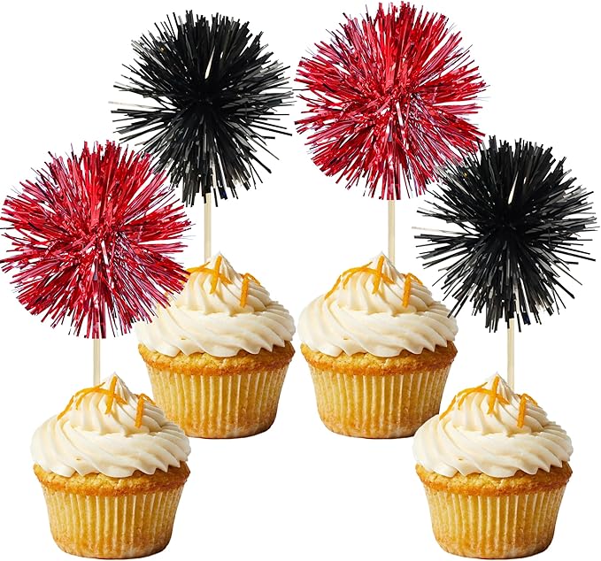 Gyufise 30Pcs Foil Firework Cupcake Toppers Sparkle Tinsel Cake Toppers Tinsel Drink Cake Decoration Cocktail Picks for Birthday Wedding Graduation Party Supplies Black Red