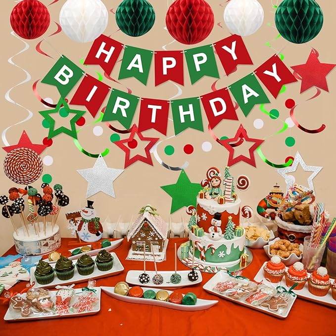 meowtastic Birthday Decorations, Happy Birthday Banner with Honeycomb Balls, Stars Hanging Swirl Streamers, Circle Dots Garland, Happy Birthday Party Decorations for Women Men Boys Girls (Red & Green)