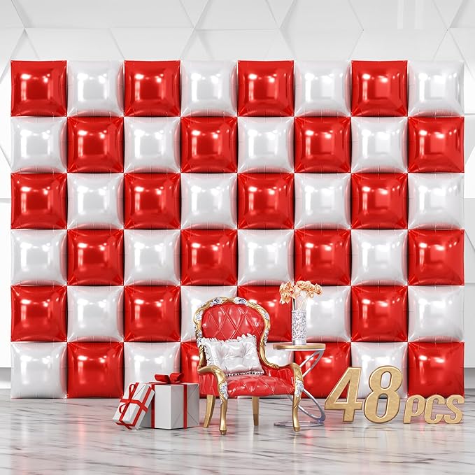 NISOCY 48PCS Red White Square Foil Balloons Wall Backdrop Double Sided Red Pearl White Balloons Arch Kit for Birthday Wedding Bridal Shower Valentine Anniversary Party Decorations