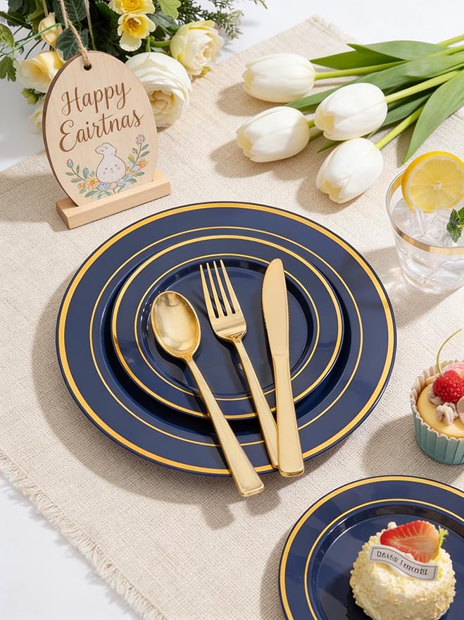 175PCS Blue and Gold Plastic Plates - Navy Blue Plates with Pre Rolled Napkins for Party - 25Guest Disposable Dinnerware Sets for Party/Birthday/Wedding/Passover/Easter
