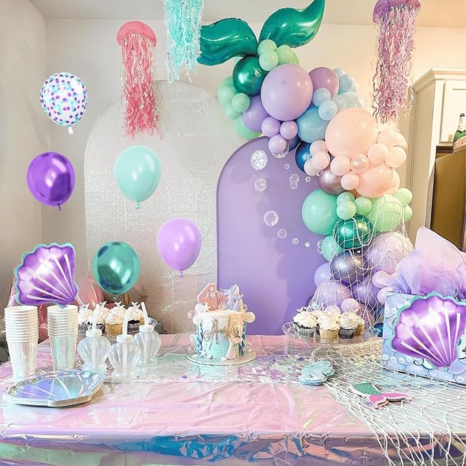 5th Mermaid Birthday Decoration for Girls,Pink Purple Green 5th Birthday Balloon Number 5 Seashell Foil Balloons Banner Mermaid Sea Party Decor Supplies for 5 Year Old