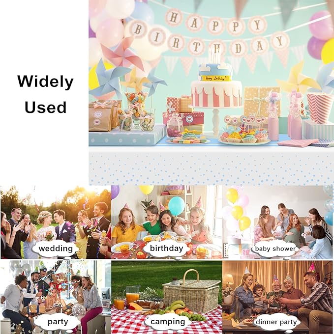 4 Pack White and Light Blue Tablecloth Party Decorations Plastic White Tablecloth Printed Light Blue Table Runner 54 x108 Inch Disposable Rectangle Table Cover for Birthday Wedding Graduation