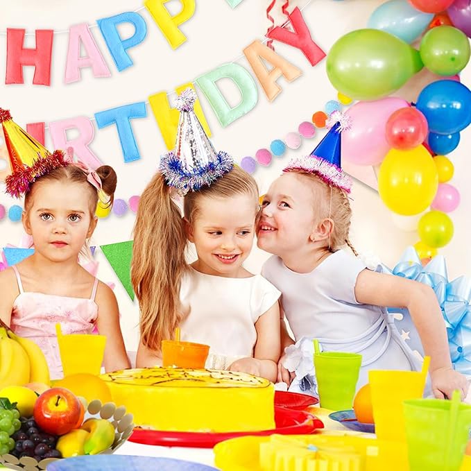 CANREVEL Pre-Strung 3D Happy Birthday Banner, 3 PCS Happy Birthday Felt Garland, Pom Pom Garland, Triangle Fabric Garland Bunting, Reusable Birthday Decorations for Women Men Girls Boys, Pastel