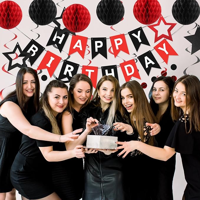 meowtastic Birthday Decorations, Happy Birthday Banner with Honeycomb Balls, Star Hanging Swirl Streamers, Circle Dots Garland, Happy Birthday Party Decorations for Women Men Boys Girls (Red & Black)