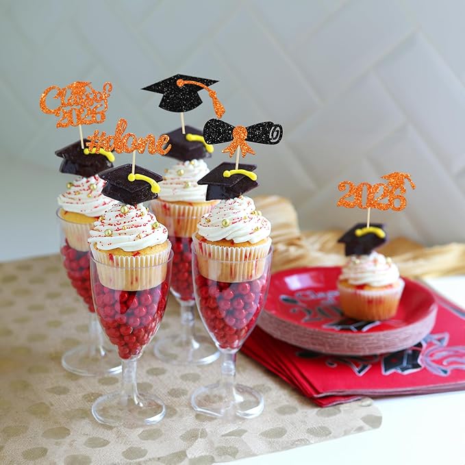 Gyufise 30Pcs 2026 Graduation Cupcake Toppers Orange Glitter Class of 2026 Done Cupcake Picks Grad Cap Diploma Cake Decorations for 2026 Graduation Theme Party Cake Decorations Supplies
