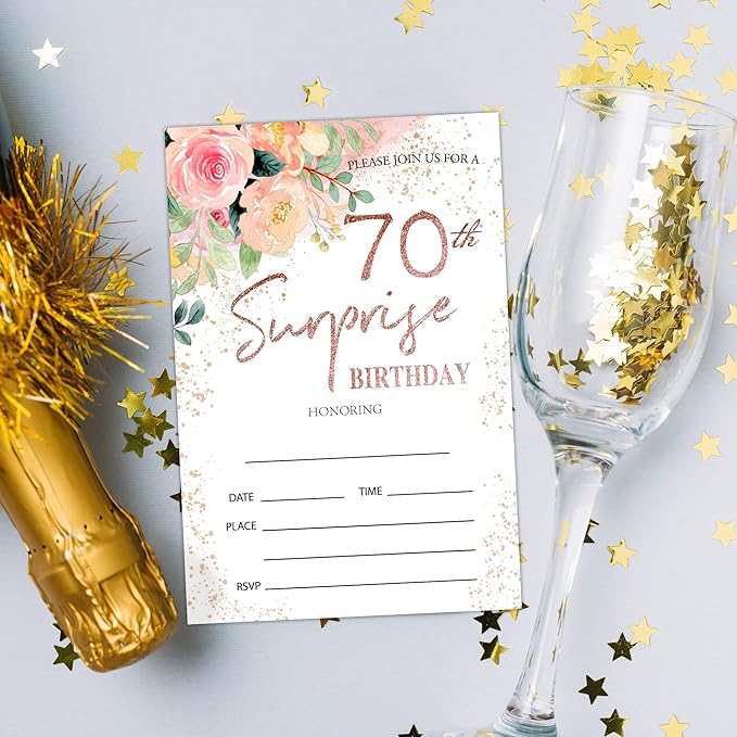 Zodvery Surprise 70th Birthday Party Invitations Cards - 70 Years old Rose Floral Pink Theme Party Supplies for Adult, Woman or Man - 20 Fill in Birthday Party Invitations and 20 Envelopes set/64