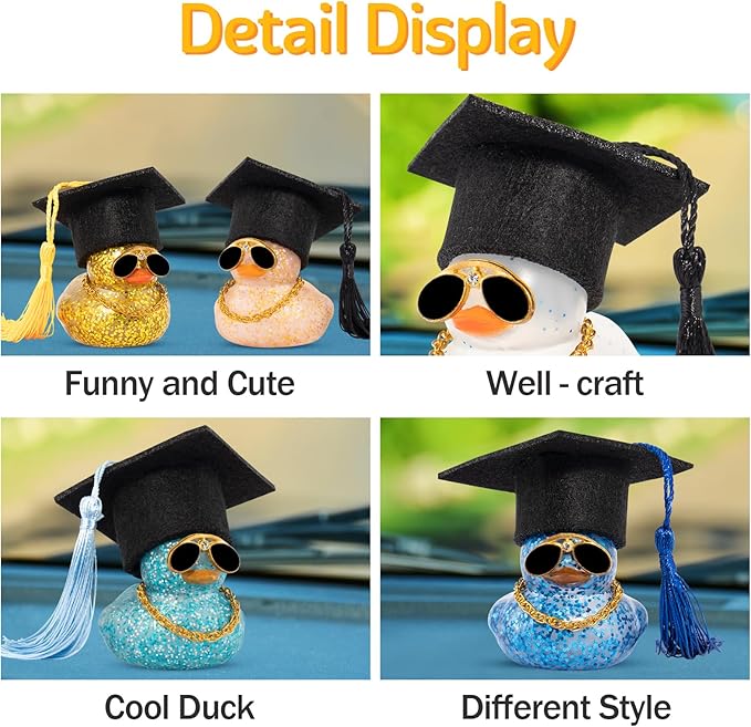 wonuu Car Dashboard Decor Graduation Hat Color Rubber Duck, Car Ducks Ornaments with Mini Graduation Hat Necklace Sunglasses (Light Blue)
