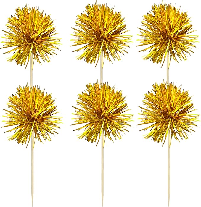 Gyufise 30Pcs Foil Firework Cupcake Toppers Sparkle Tinsel Cake Toppers Tinsel Drink Cake Decoration Cocktail Picks for Birthday Wedding Graduation Party Supplies Dark Gold