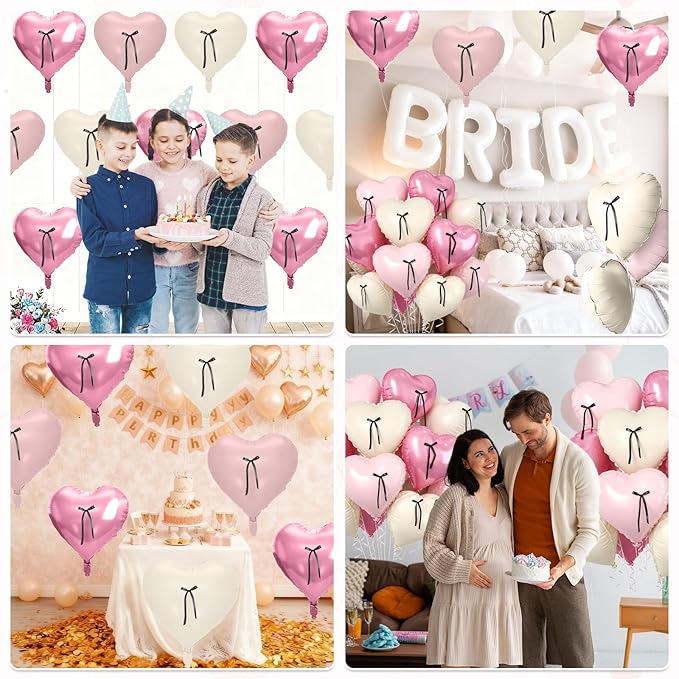 Pink Heart Balloons, 10 Pcs Pastel Pink Cream Heart Shaped Balloon with Black Bow Ribbon, 18 Inch Pink Sand White Foil Balloons for Girls Women Brithday Baby Shower Wedding Valentines Party Decoration