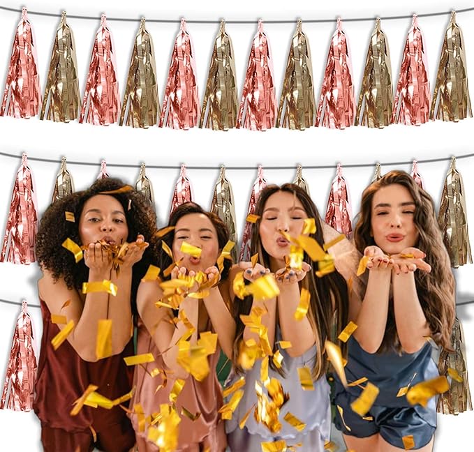 3P Rose Champagne Gold Metallic Fringe Tassel Banner Garland Foil Tinsel Streamer Wall Hanging Curtain Backdrop Banner for Parade Floats, Graduation Decorations, Wedding Party Decoration