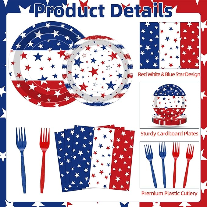 100 Pcs Patriotic Party Supplies Set, Serves 25 – Disposable Red White Blue Star Paper Plates, Napkins, and Forks, American Flag Themed Tableware for 4th of July, Memorial Day, Labor Day Decorations