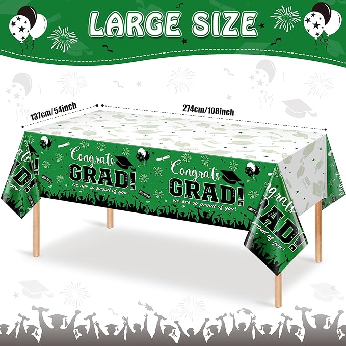 12Pack Graduation Tablecloth Party Decorations, Class of 2026 Congrats Grad Plastic Tablecover Party Supplies, Green Rectangle Graduation Table Decorations for College High School Party, 54 x 108 Inch