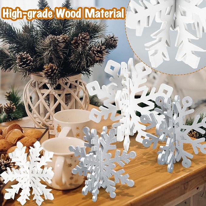 OuMuaMua Winter Christmas Centerpiece Table Decorations - 12pcs Wooden Snowflakes Decor 3D Silver White Snowflake Tabletop Decor for Xmas Holiday Tiered Tray Winter Farmhouse Decor