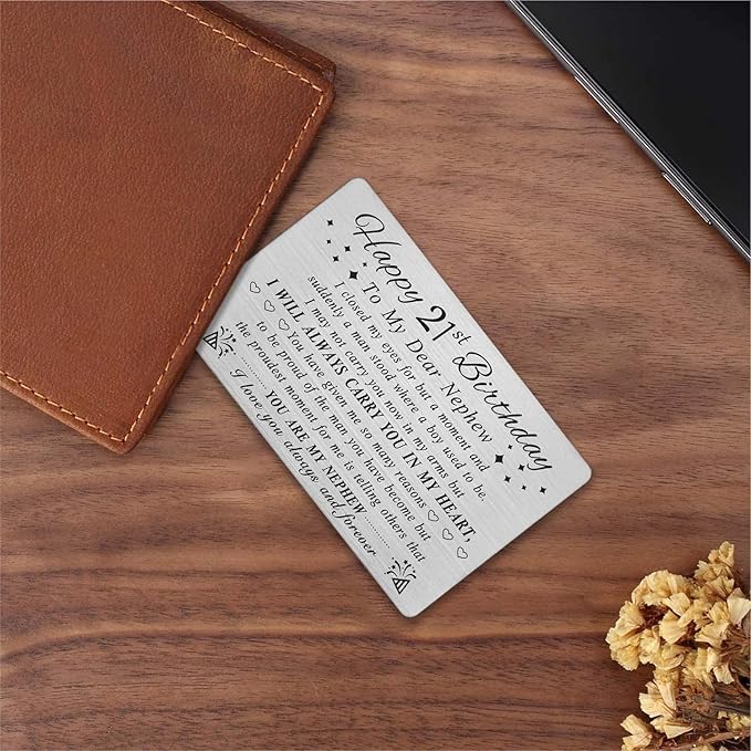 DEGASKEN Nephew 21st Birthday Card - 21st Birthday Card for Nephew - Happy 21 Year Old Birthday Gifts for Nephews, Special Engraved Wallet Card