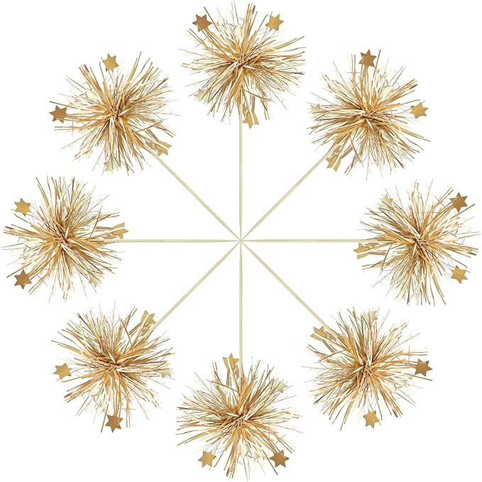 Gyufise 30Pcs Foil Firework Cupcake Toppers Happy Birthday Cake Toppers Sparkle Tinsel Flower Drink Stirrers Cocktail Food Fruit Toothpicks for Valentine's Day Party Supplies Gold