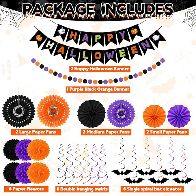 26PCS Halloween Party Decorations, Purple Black Orange Paper Fans Set, Halloween Pompom Banner Garland Fans Hanging Swirls for Trick or Treat Party Decor Accessories Indoor Outdoor Home Decorations