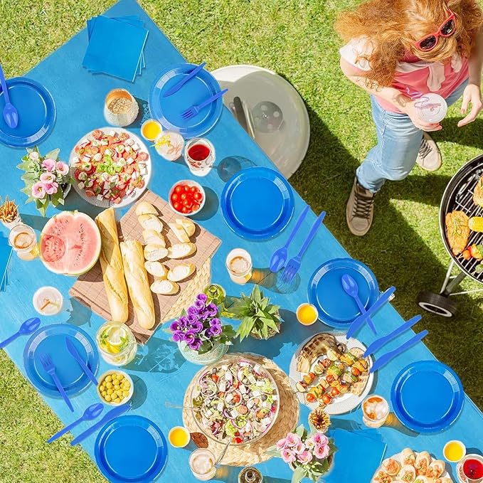 TWOWYHI 229PCS Blue Party Supplies Set Paper Disposable Plates Cups Plastic Spoons Forks Knives Blue Napkins for 30 Guests Disposable Party Dinnerware Set for Wedding Birthday Parties
