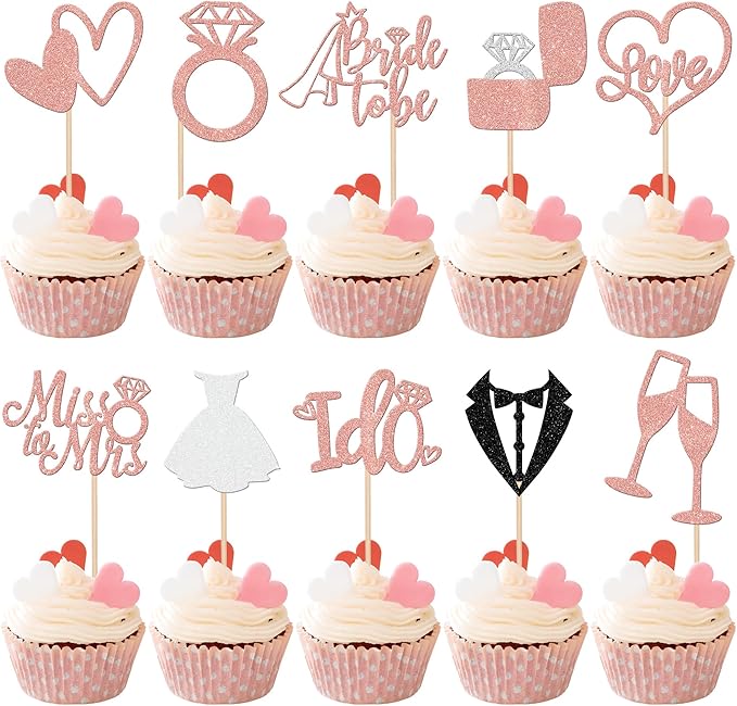 30 PCS Bride to Be Cupcake Toppers Glitter Miss to Mrs I Do Love Heart Ring Cupcake Picks Wedding Bridal Shower Cake Decorations for Wedding Engagement Bachelorette Party Supplies Rose Gold