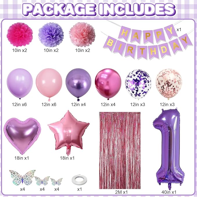 Pink Purple 1st Birthday Party Decorations for Girls Number 1 Balloon Happy Birthday Banner Butterfly Stickers Fringe Curtain Paper Pom Poms Metallic Hot Pink Star Foil Balloons Baby 1 Year Old Decor