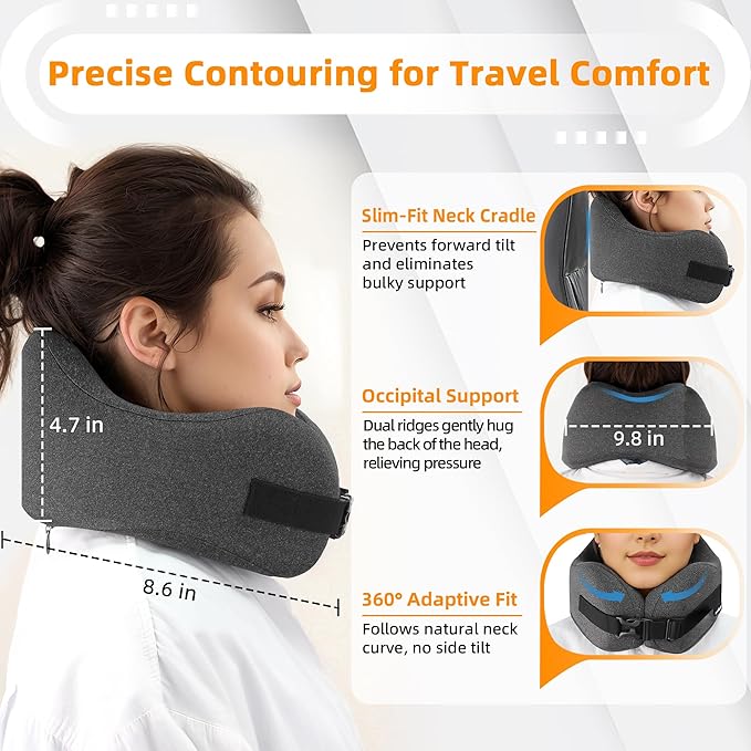 Neck Pillow Airplane Travel Set - Pure Memory Foam Travel Neck Pillow, Plane Pillow for Long Flights Essentials, Sleeping with 3D Contoured Eye Mask, Earplugs, Portable Bag (Darkgray-M)