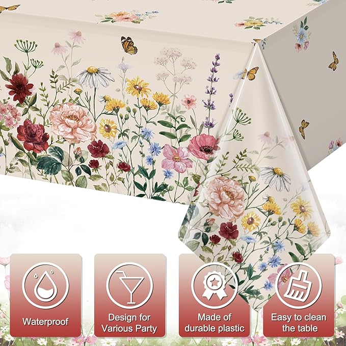 6 Pcs Spring Floral Tablecloth, Butterfly Wildflower Plastic Disposable Tablecloth Rectangle Table Covers for Easter, Birthday, Wedding, Mothers Day Tea Party Supplies and Decorations,54 x 108 Inch